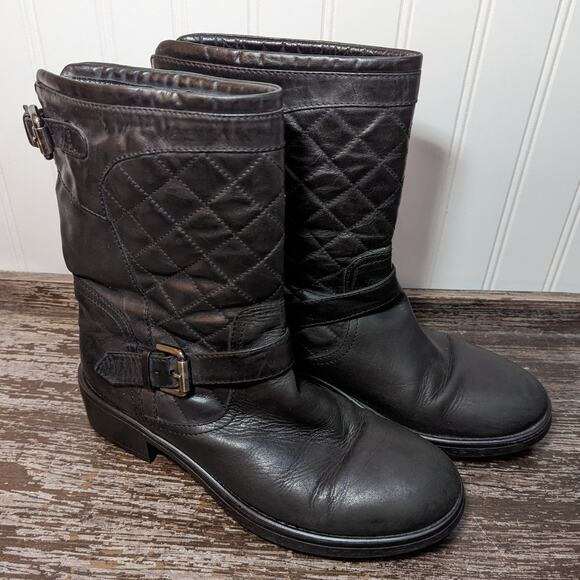 Aquatalia Shoes - Aquatalia Women's Black Mid Calf Moto Style Quilted Leather Boots Size 8